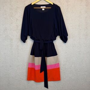 Jessica Howard Navy Colorblock Midi Dress with Orange and Pink Stripes